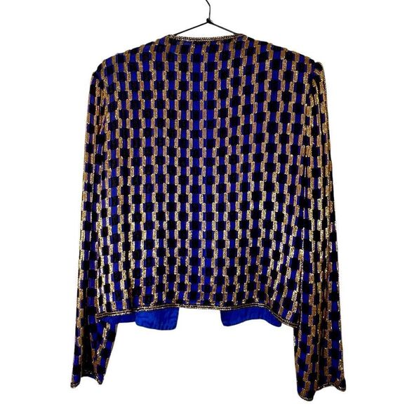 Adrianna Papell Evening Blue & Gold Beaded Silk Jacket | Size Small S - Picture 3 of 7